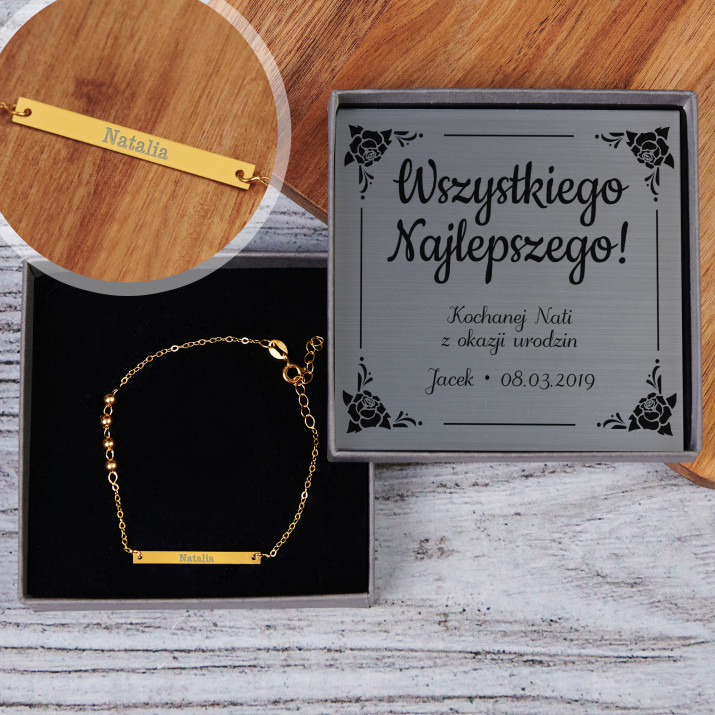 Imię - Urodziny 2 - Pozłacana bransoletka z blaszką i kółeczkami